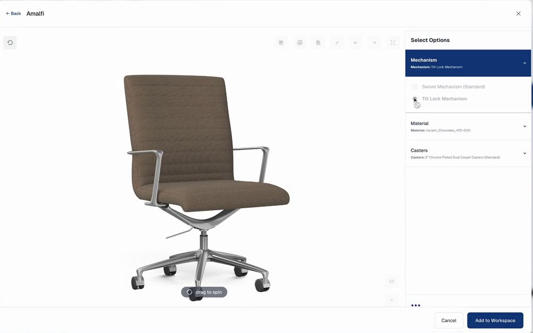 The 3D chair configurator with mechanism, material, and caster options